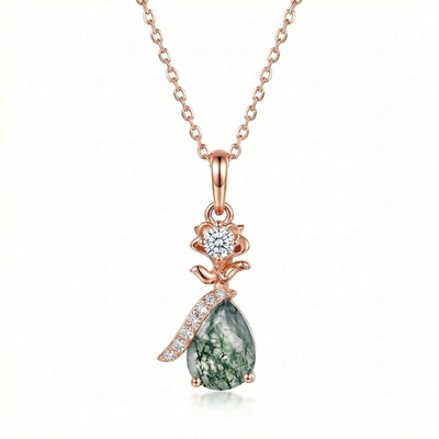 1.3CT Pear Cut Moss Agate & Round Cut Moissanite S925 Silver Floral Inspired Pendant Necklace