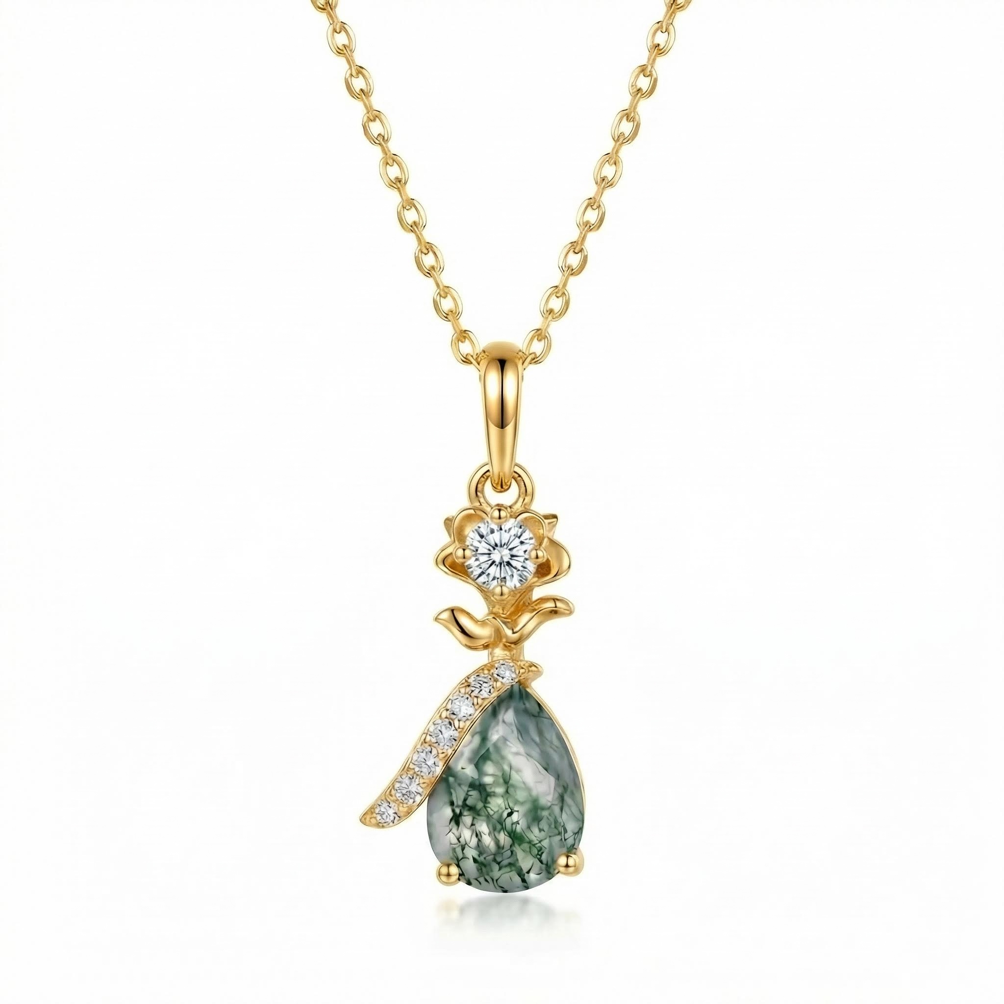 1.3CT Pear Cut Moss Agate & Round Cut Moissanite S925 Silver Floral Inspired Pendant Necklace