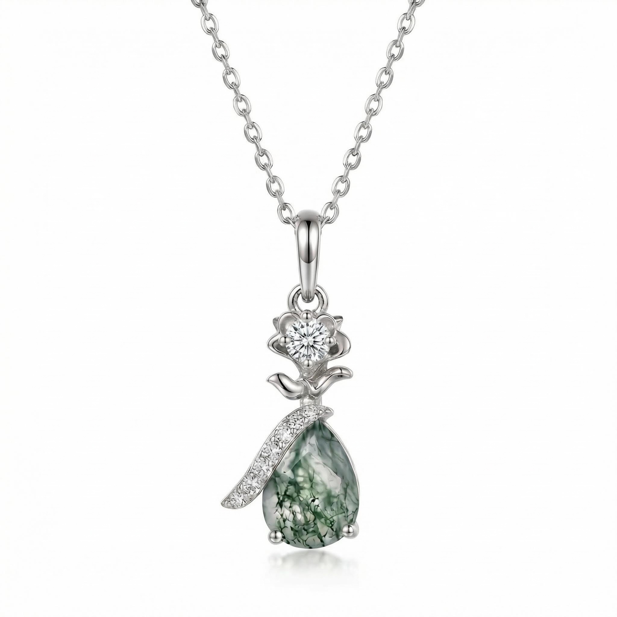 1.3CT Pear Cut Moss Agate & Round Cut Moissanite S925 Silver Floral Inspired Pendant Necklace