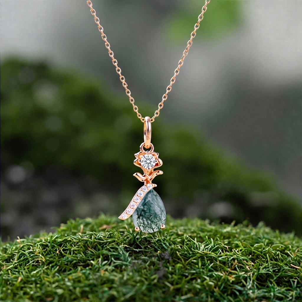 1.3CT Pear Cut Moss Agate & Round Cut Moissanite S925 Silver Floral Inspired Pendant Necklace