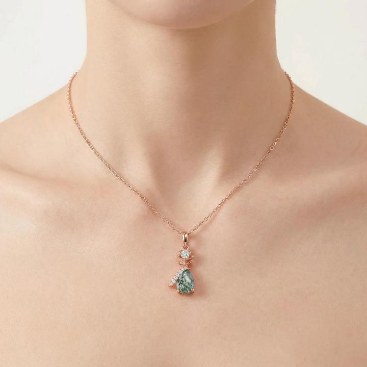 1.3CT Pear Cut Moss Agate & Round Cut Moissanite S925 Silver Floral Inspired Pendant Necklace