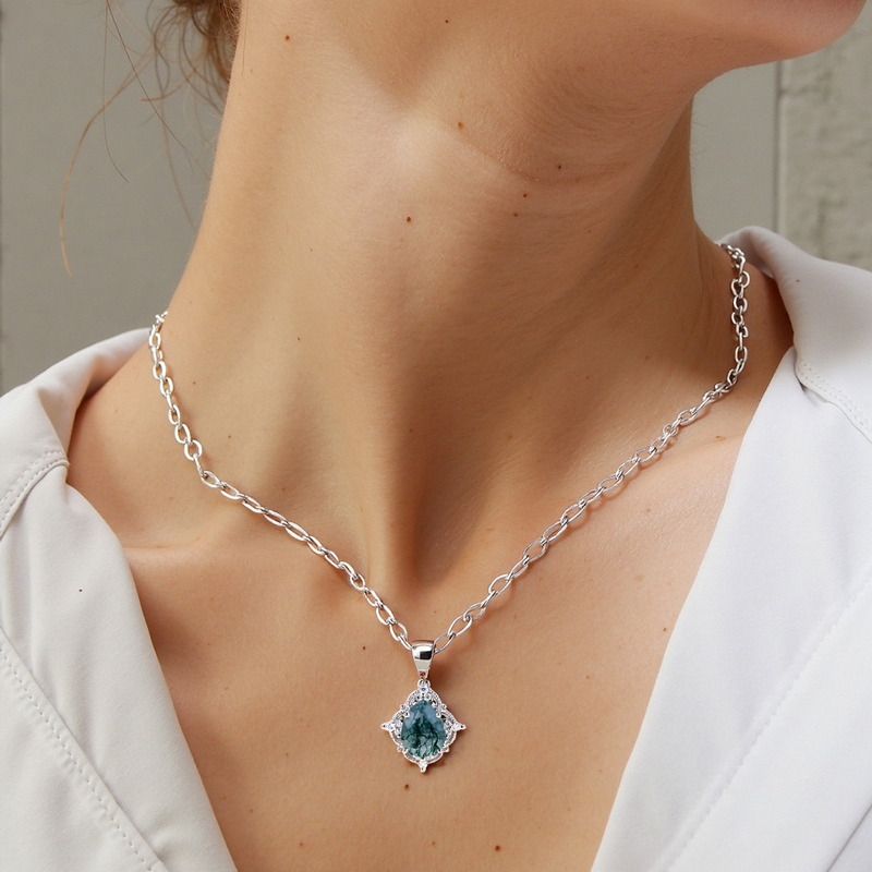 1.36CT Pear Cut Moss Agate & Round Cut Moissanite S925 Silver Floral Halo Pendant Necklace