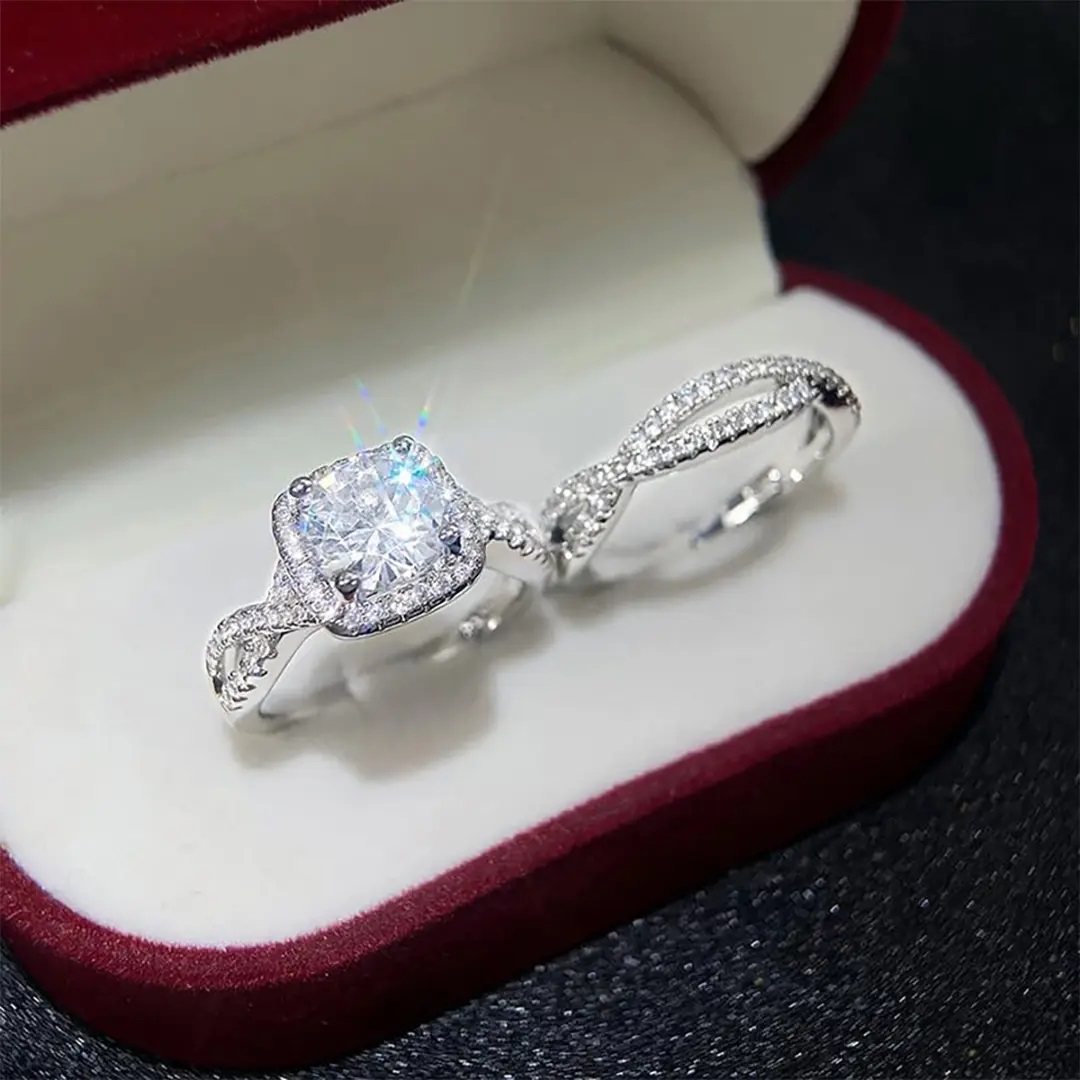 2.73CT Round Cut VVS Moissanite S925 Silver Twisted Engagement Ring Set