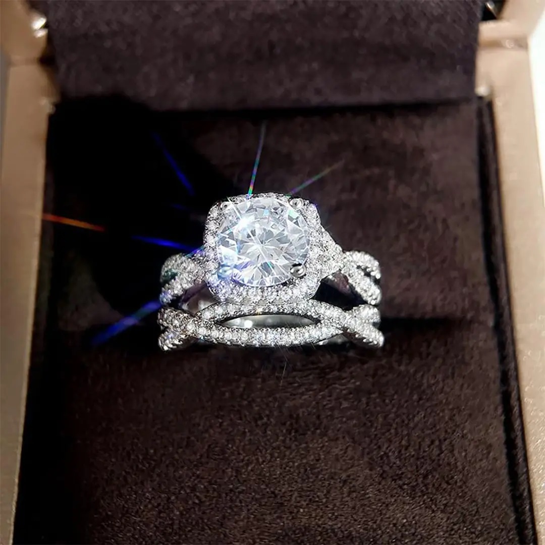 2.73CT Round Cut VVS Moissanite S925 Silver Twisted Engagement Ring Set