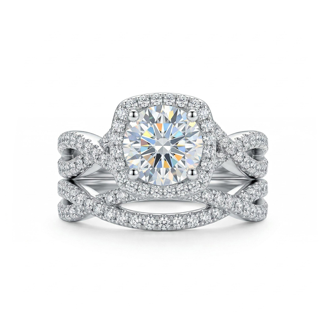 2.73CT Round Cut VVS Moissanite S925 Silver Twisted Engagement Ring Set