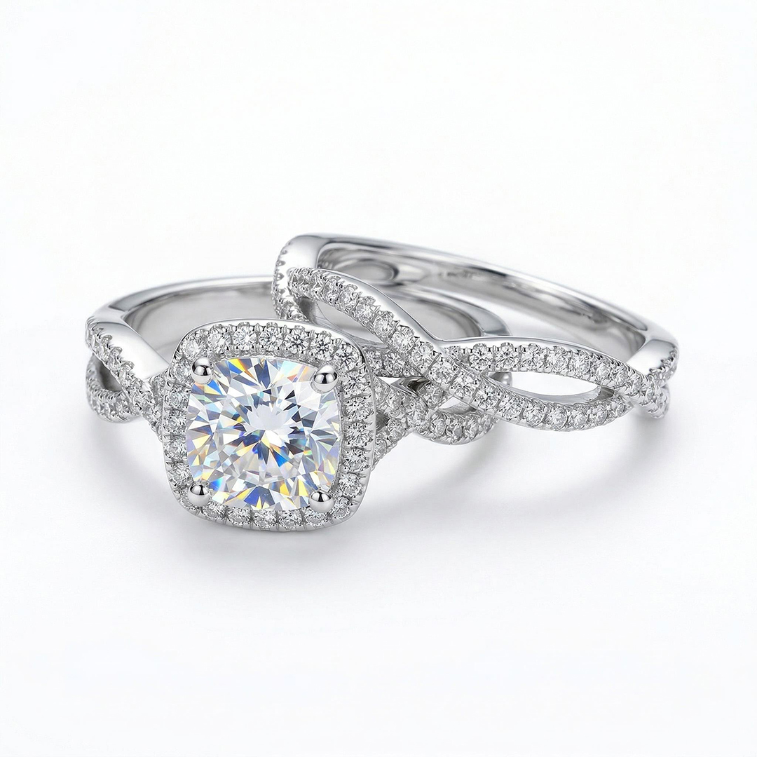 2.73CT Round Cut VVS Moissanite S925 Silver Twisted Engagement Ring Set