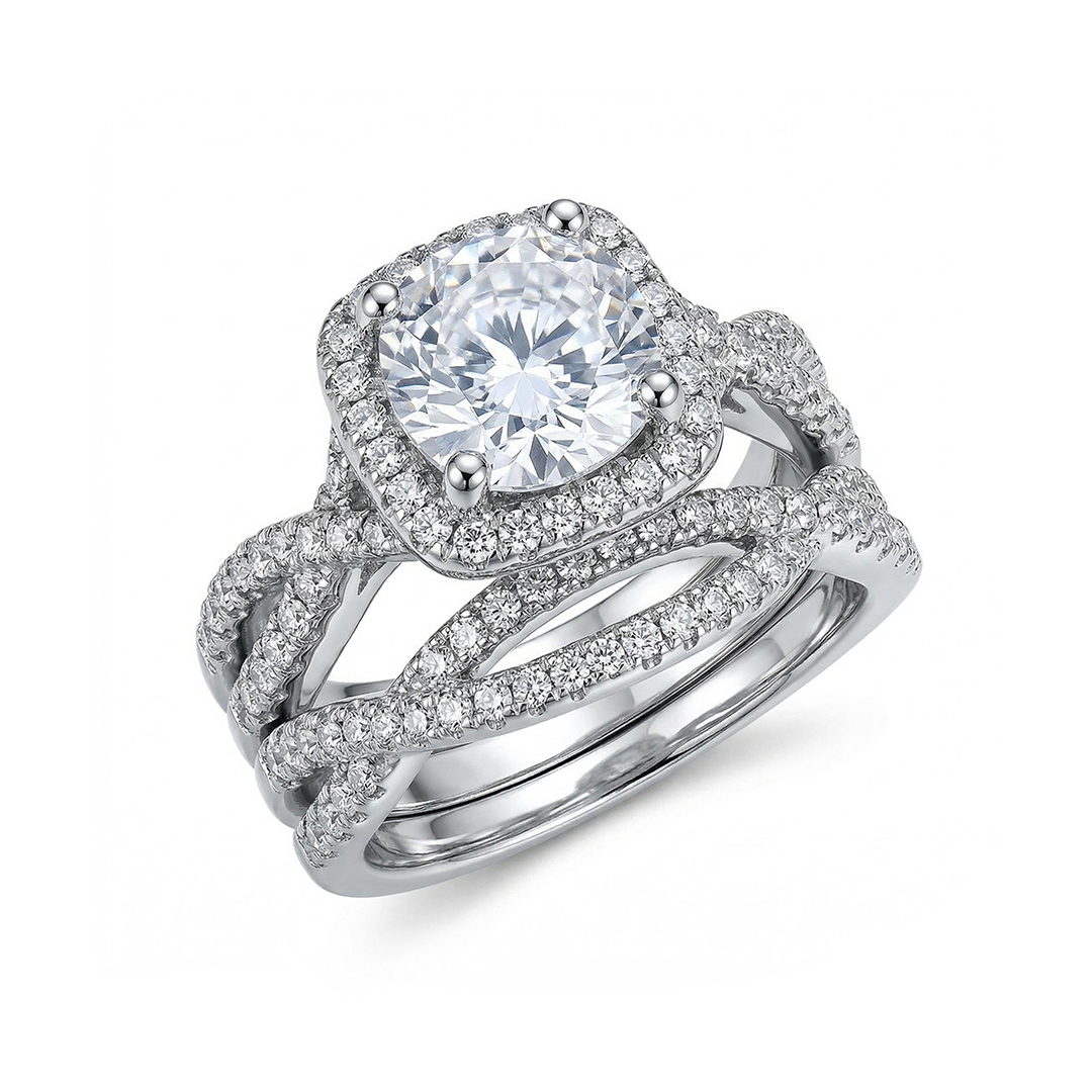 2.73CT Round Cut VVS Moissanite S925 Silver Twisted Engagement Ring Set