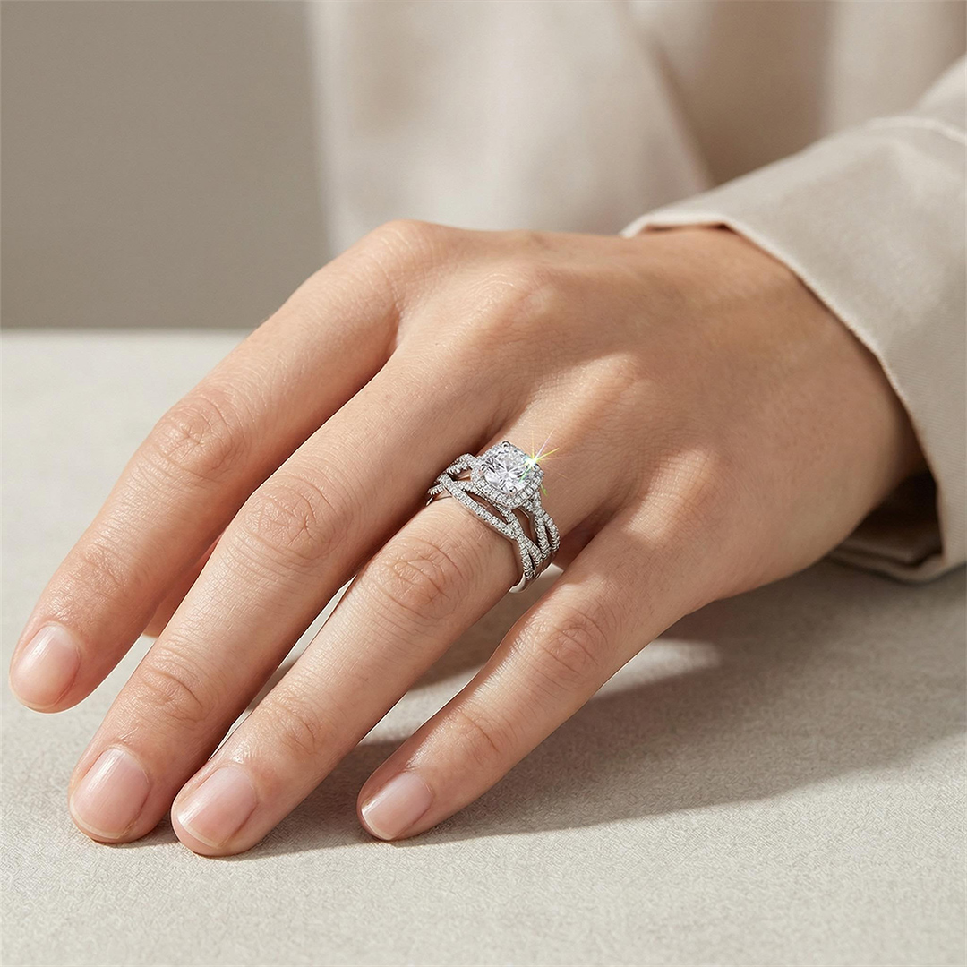 2.73CT Round Cut VVS Moissanite S925 Silver Twisted Engagement Ring Set