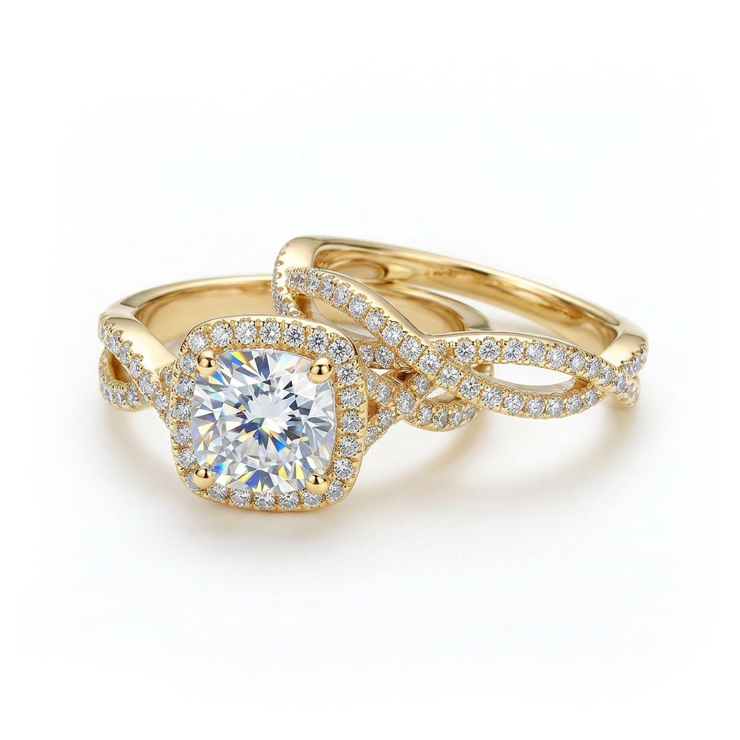 2.73CT Round Cut VVS Moissanite S925 Silver Twisted Engagement Ring Set