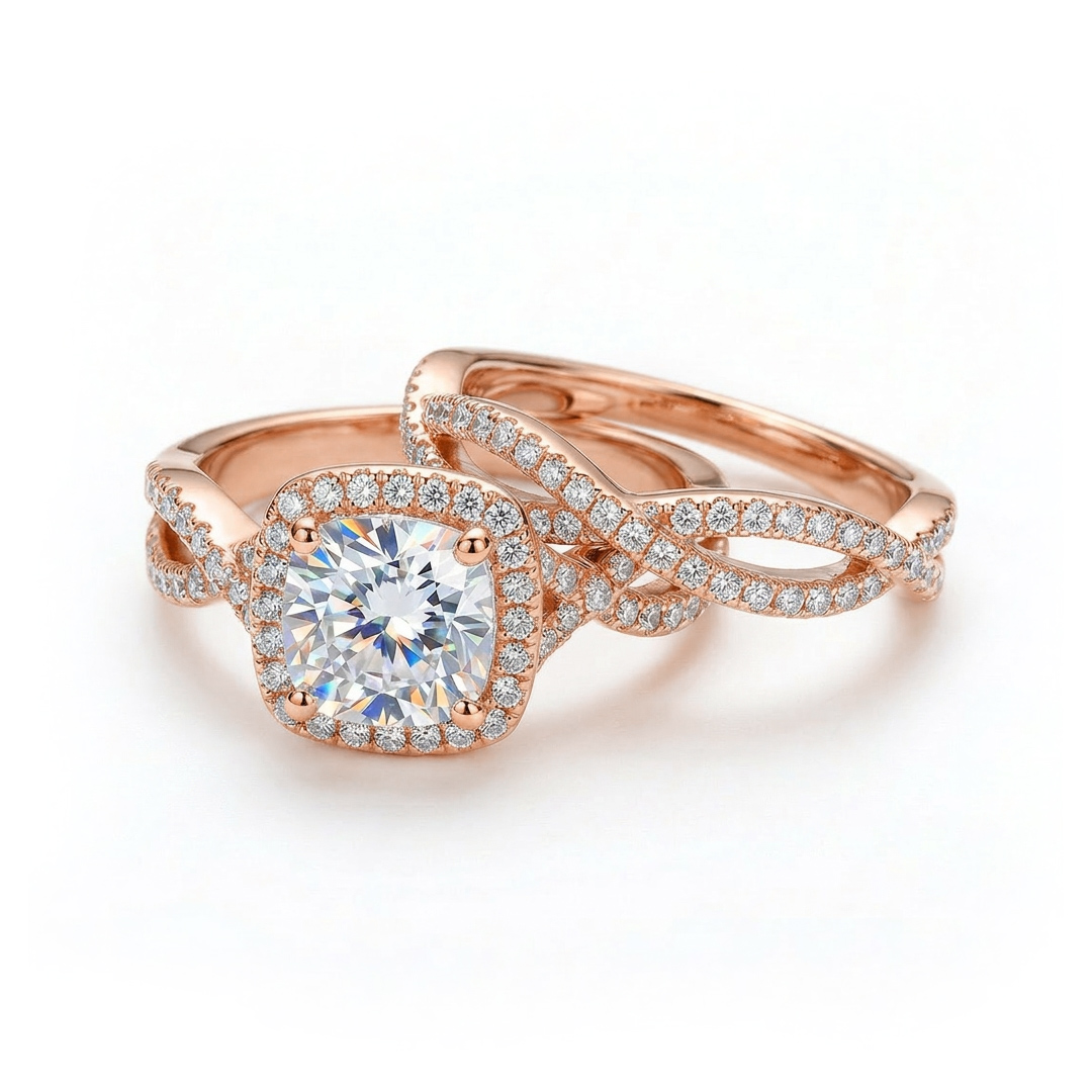 2.73CT Round Cut VVS Moissanite S925 Silver Twisted Engagement Ring Set