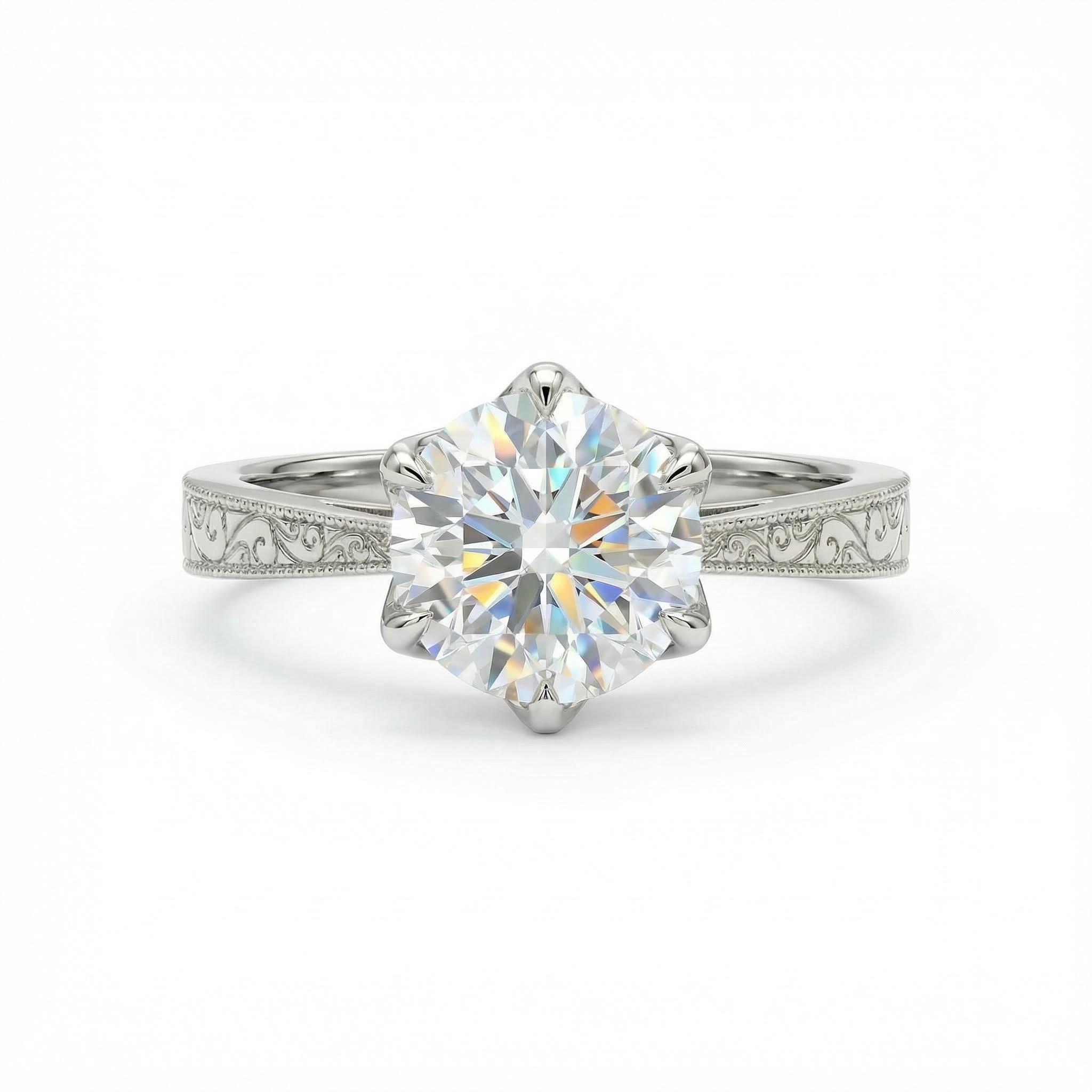 2CT Round Cut VVS Moissanite S925 Silver Engagement Ring