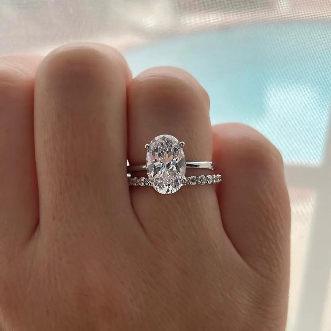 3.24CT Oval & Round Cut VVS Moissanite S925 Silver Engagement Ring Set