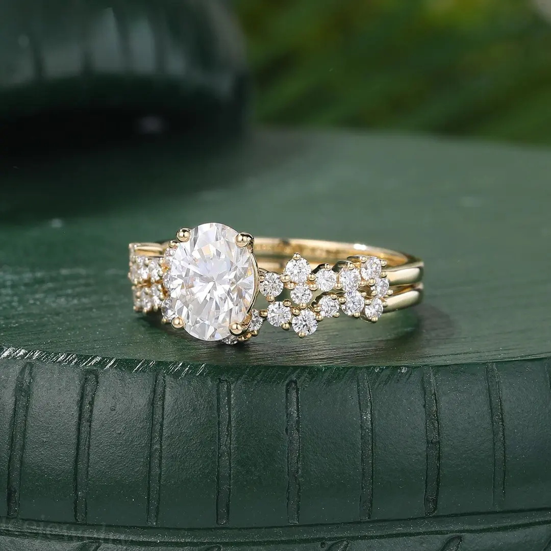 2.66CT Oval & Round Cut VVS Moissanite S925 Silver Engagement Ring Set