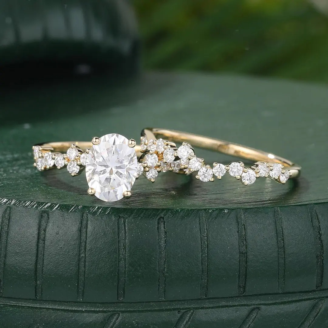 2.66CT Oval & Round Cut VVS Moissanite S925 Silver Engagement Ring Set