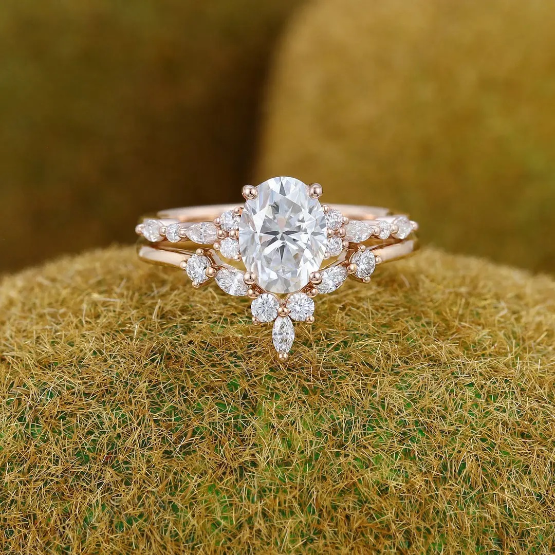 3.07CT Oval & Round Cut VVS Moissanite S925 Silver Engagement Ring Set
