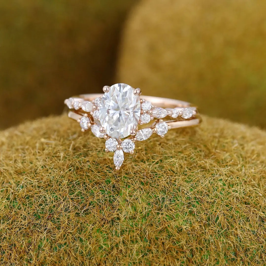 3.07CT Oval & Round Cut VVS Moissanite S925 Silver Engagement Ring Set