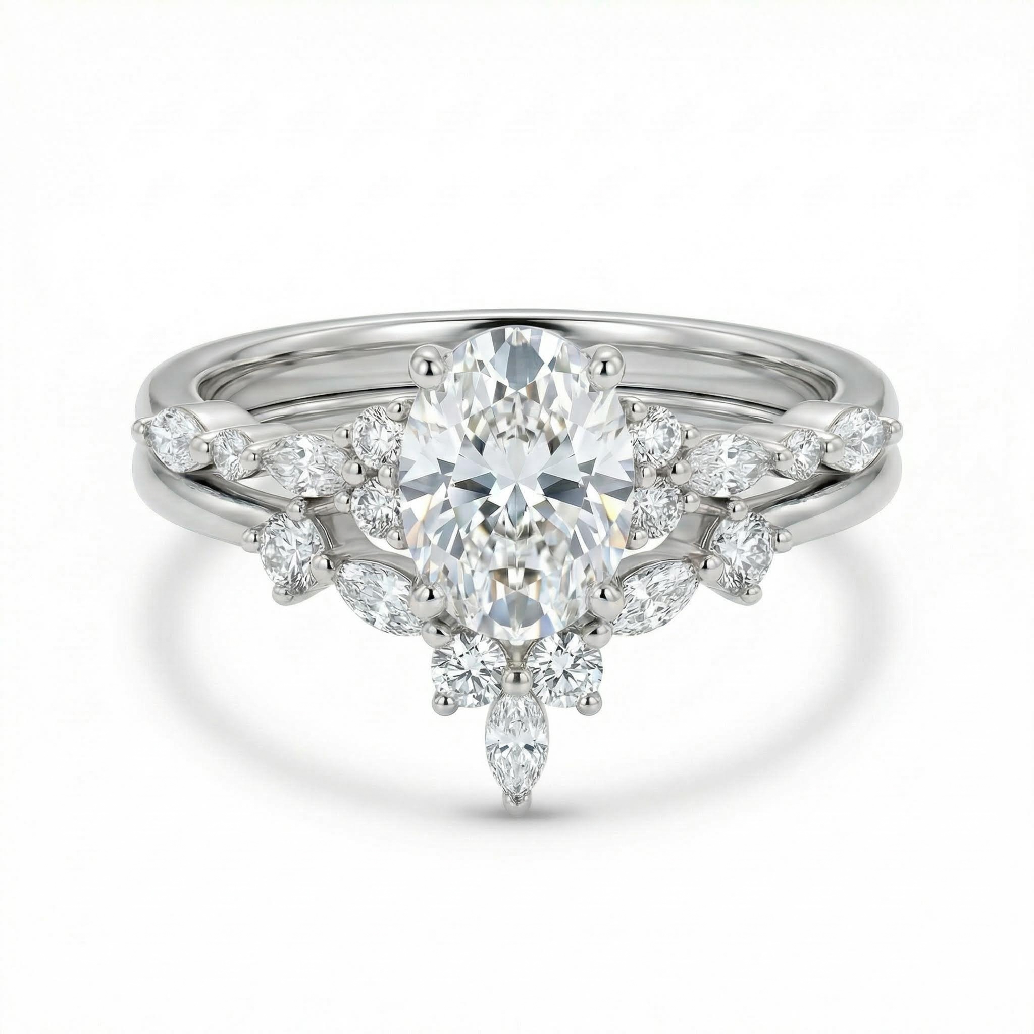 3.07CT Oval & Round Cut VVS Moissanite S925 Silver Engagement Ring Set