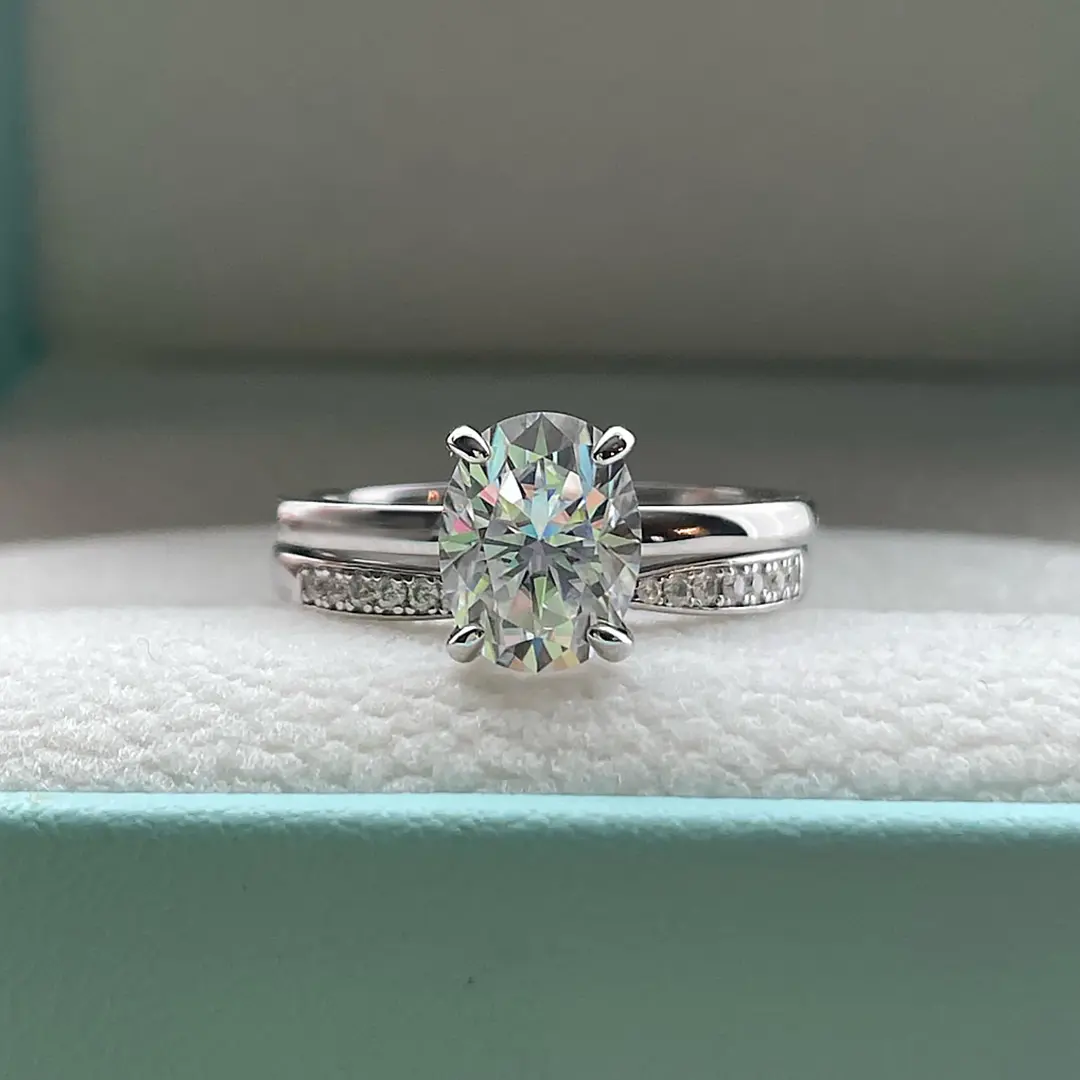 2.2CT Oval & Round Cut VVS Moissanite S925 Silver Engagement Ring Set