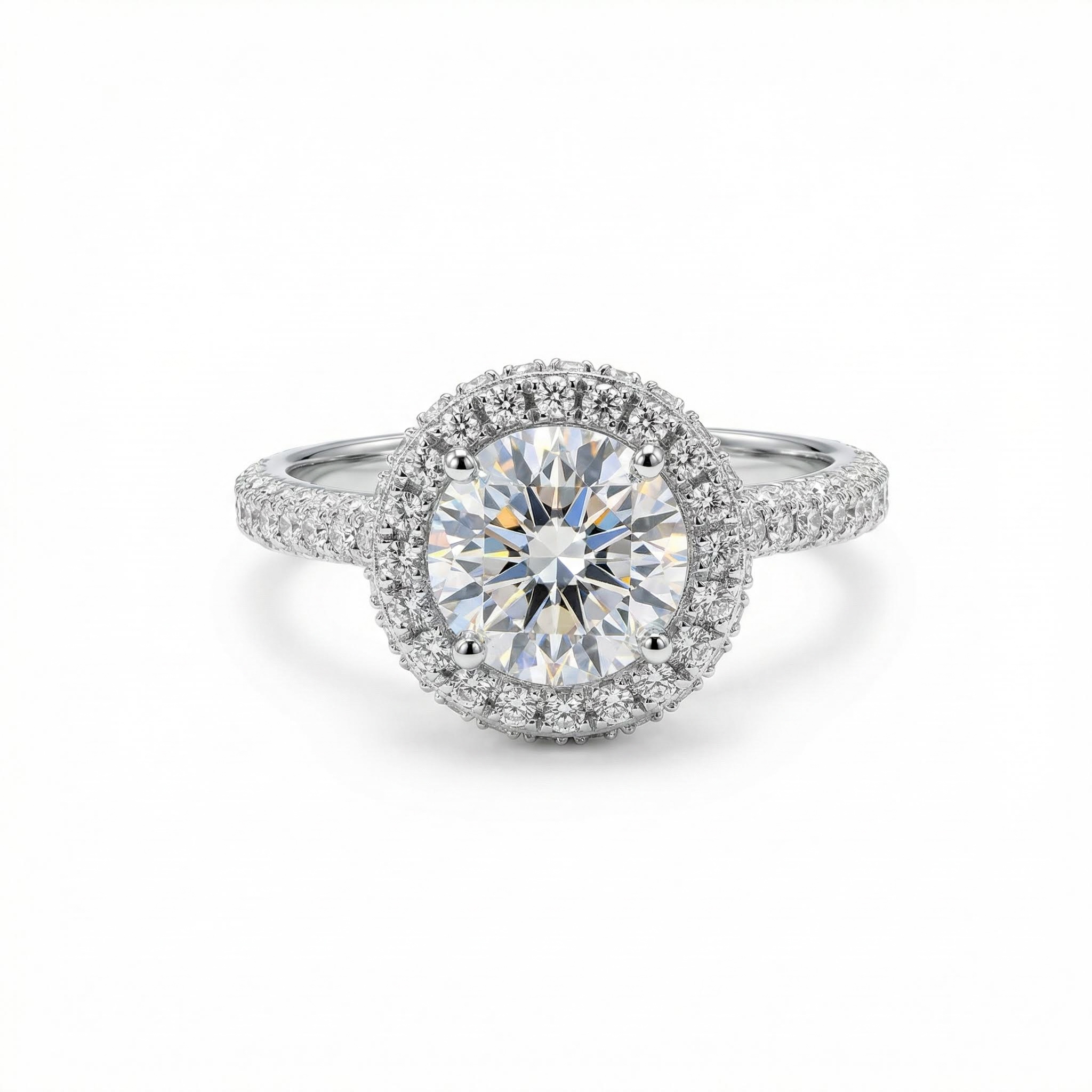 2.82CT Round Cut VVS Moissanite S925 Silver Halo Engagement Ring With Paved Setting