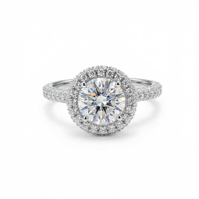 2.82CT Round Cut VVS Moissanite S925 Silver Halo Engagement Ring With Paved Setting