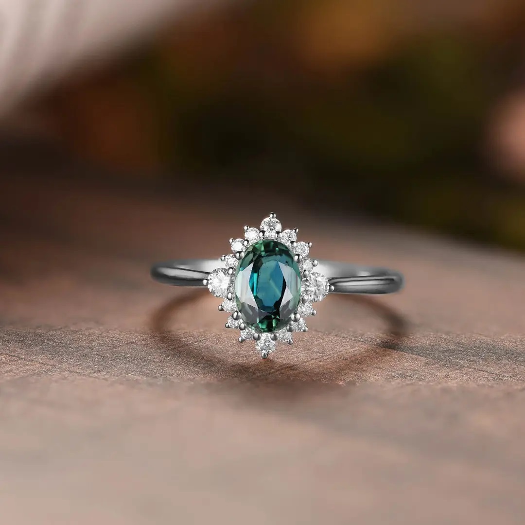 2.314CT Green Oval & Round Cut Gemstones Engagement Ring