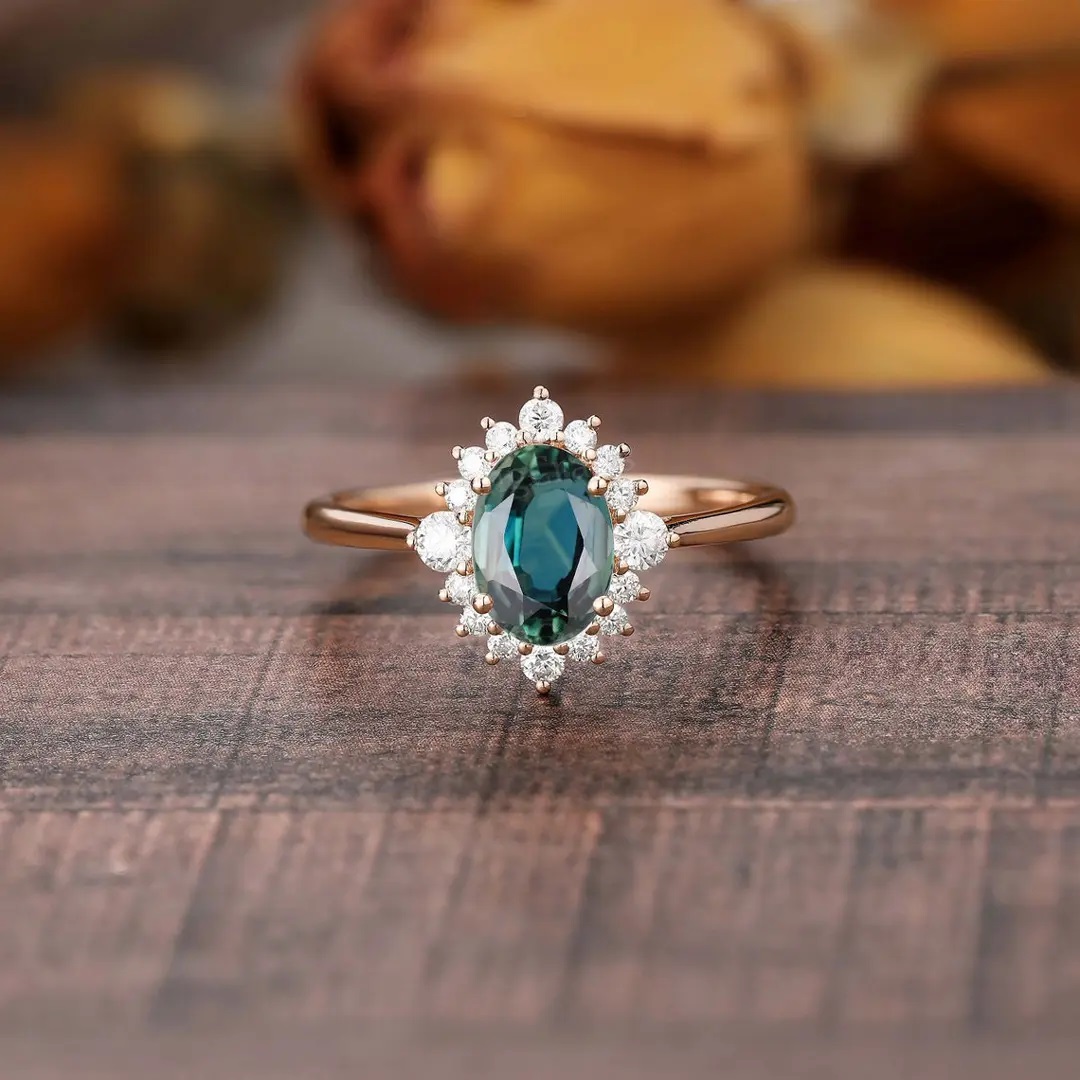 2.314CT Green Oval & Round Cut Gemstones Engagement Ring