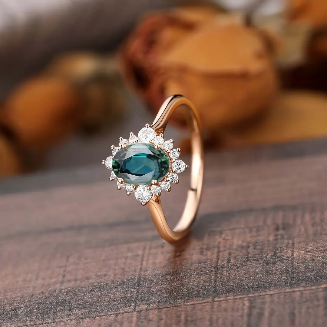 2.314CT Green Oval & Round Cut Gemstones Engagement Ring