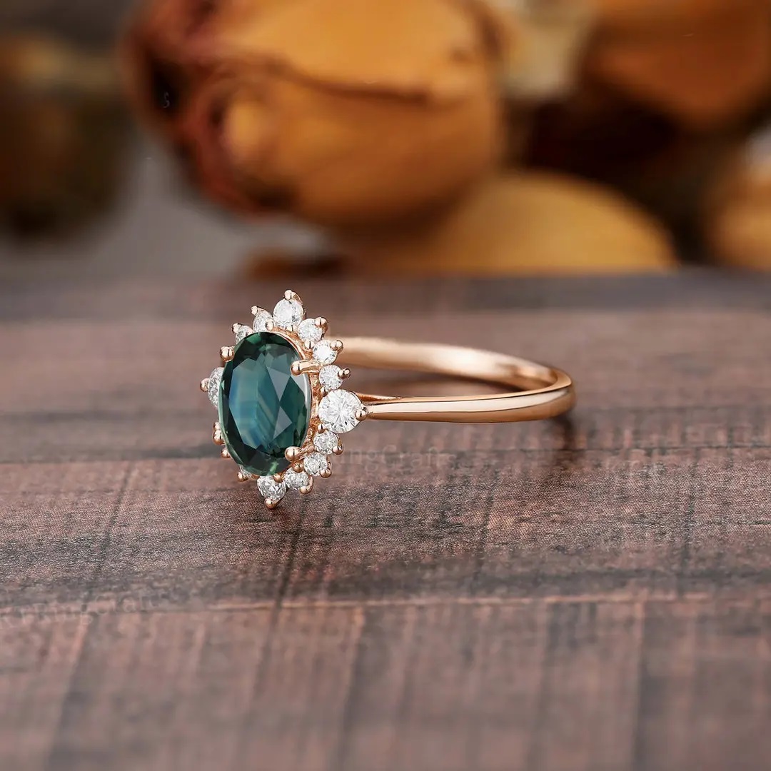 2.314CT Green Oval & Round Cut Gemstones Engagement Ring