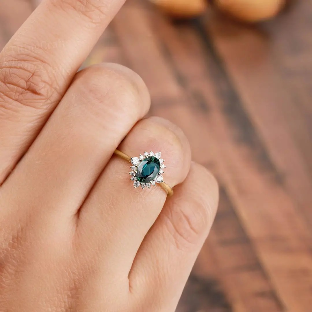 2.314CT Green Oval & Round Cut Gemstones Engagement Ring