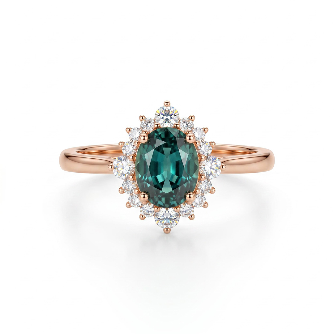 2.314CT Green Oval & Round Cut Gemstones Engagement Ring