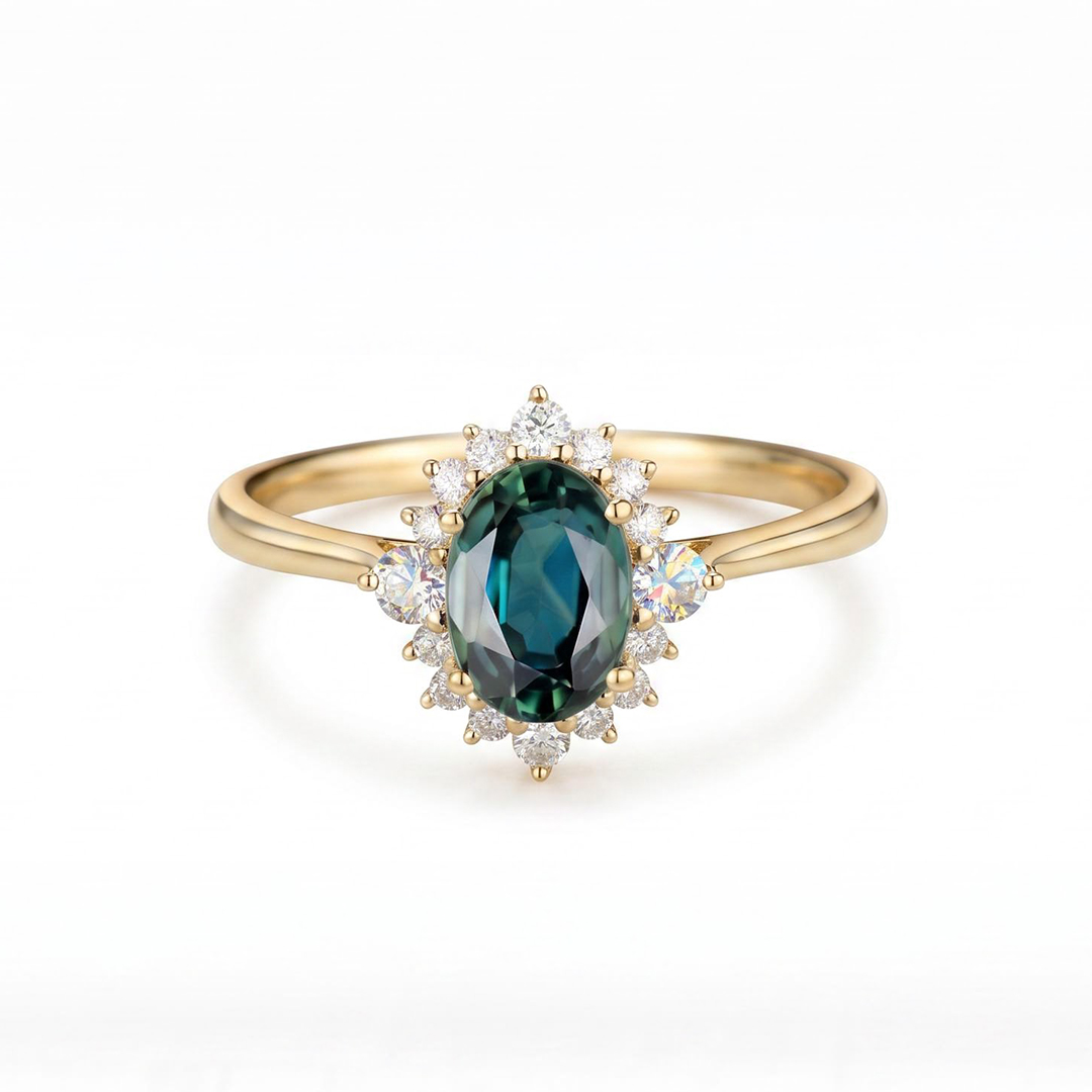 2.314CT Green Oval & Round Cut Gemstones Engagement Ring