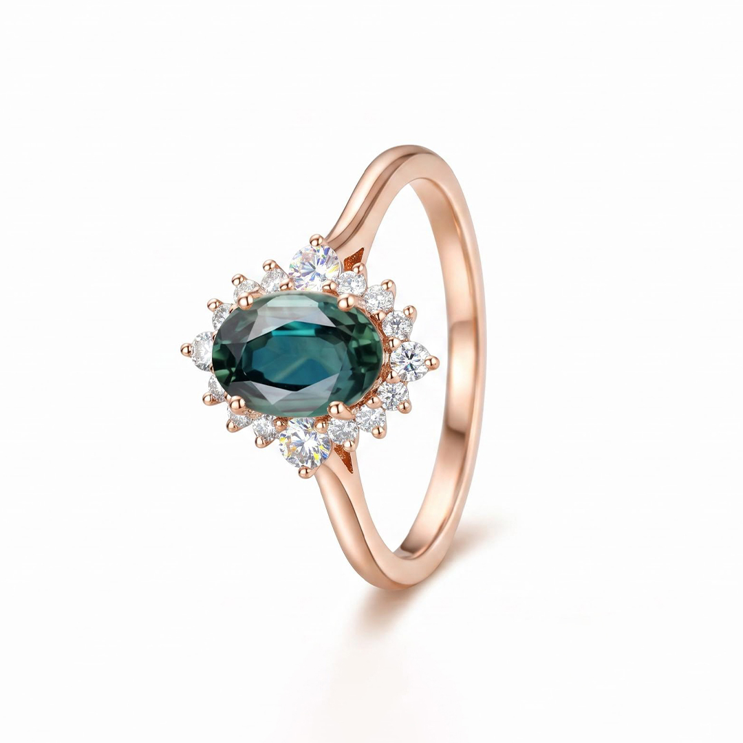 2.314CT Green Oval & Round Cut Gemstones Engagement Ring