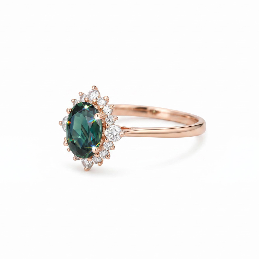 2.314CT Green Oval & Round Cut Gemstones Engagement Ring