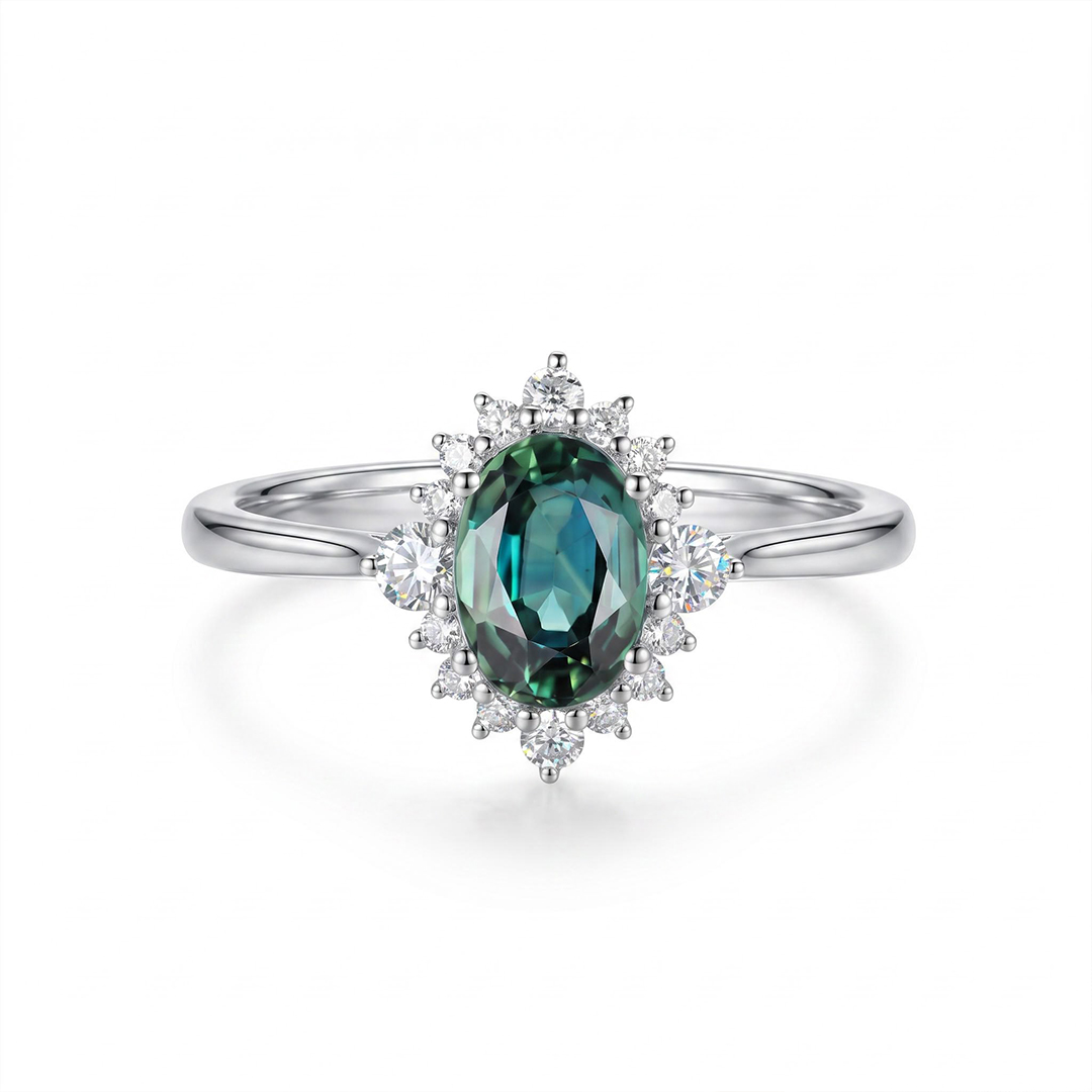 2.314CT Green Oval & Round Cut Gemstones Engagement Ring