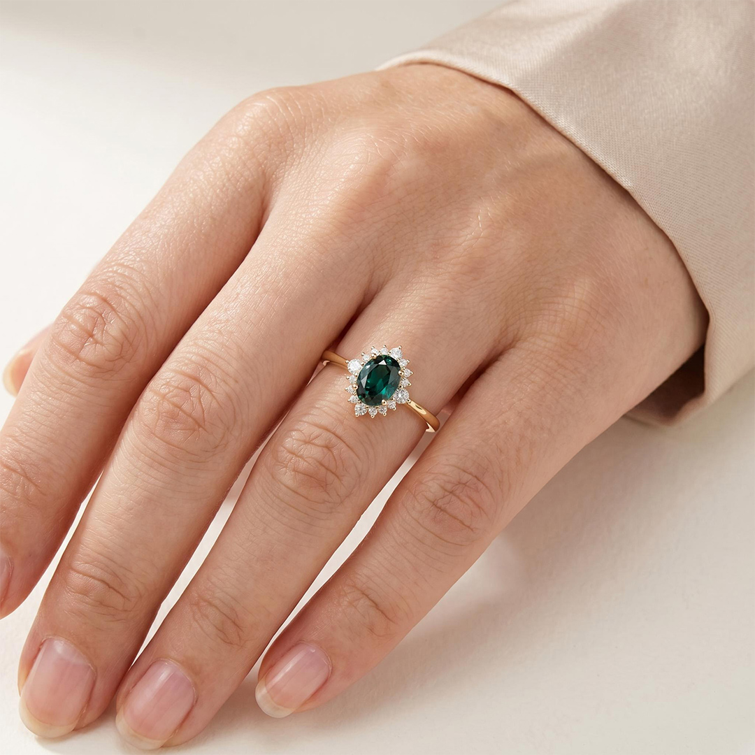 2.314CT Green Oval & Round Cut Gemstones Engagement Ring