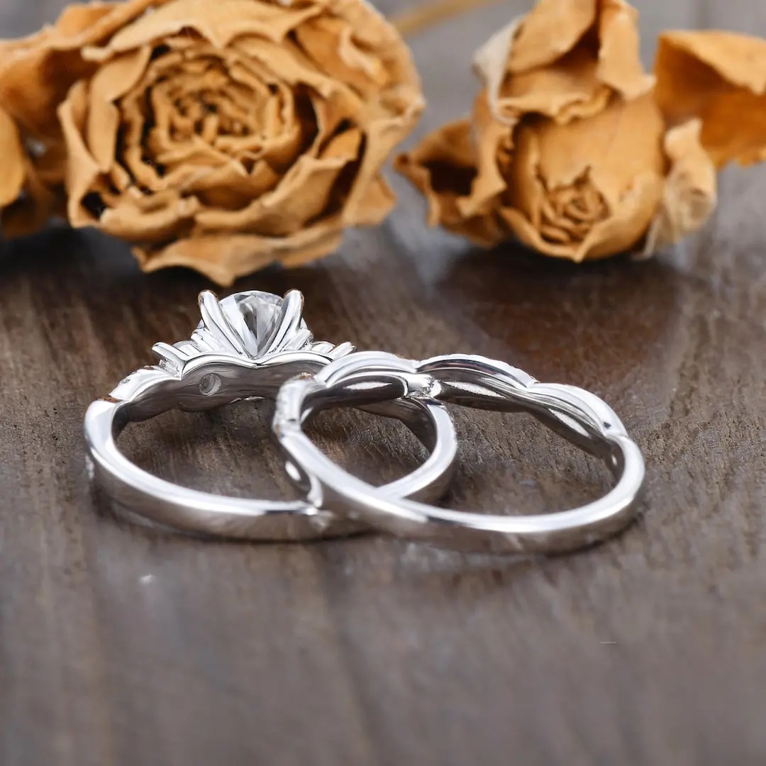 3.2CT Round Cut VVS Moissanite S925 Silver Engagement Ring Set