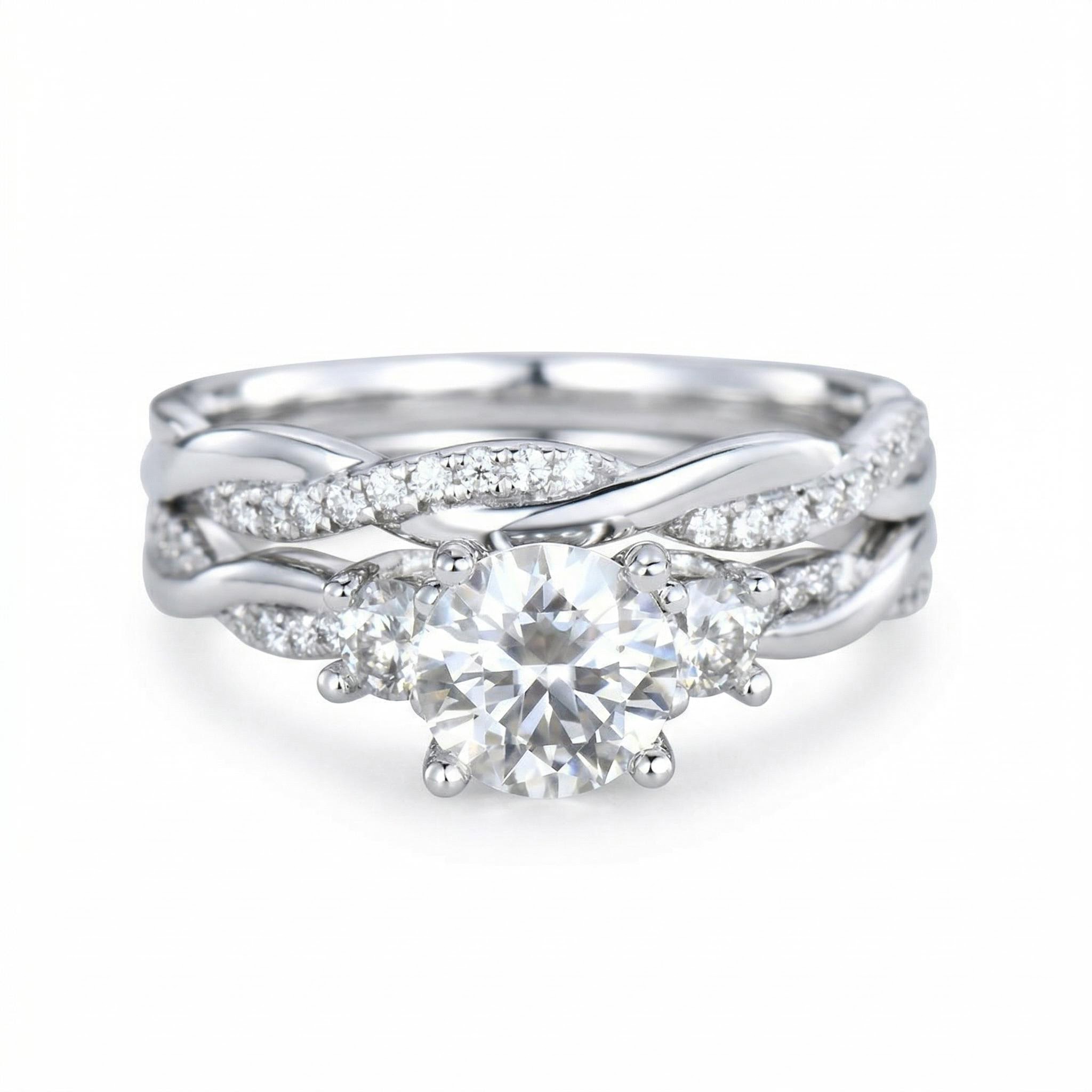 3.2CT Round Cut VVS Moissanite S925 Silver Engagement Ring Set