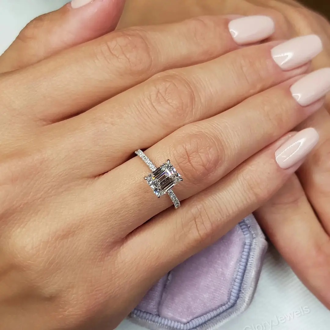 3.2CT Emerald Cut VVS Moissanite S925 Silver Engagement Ring