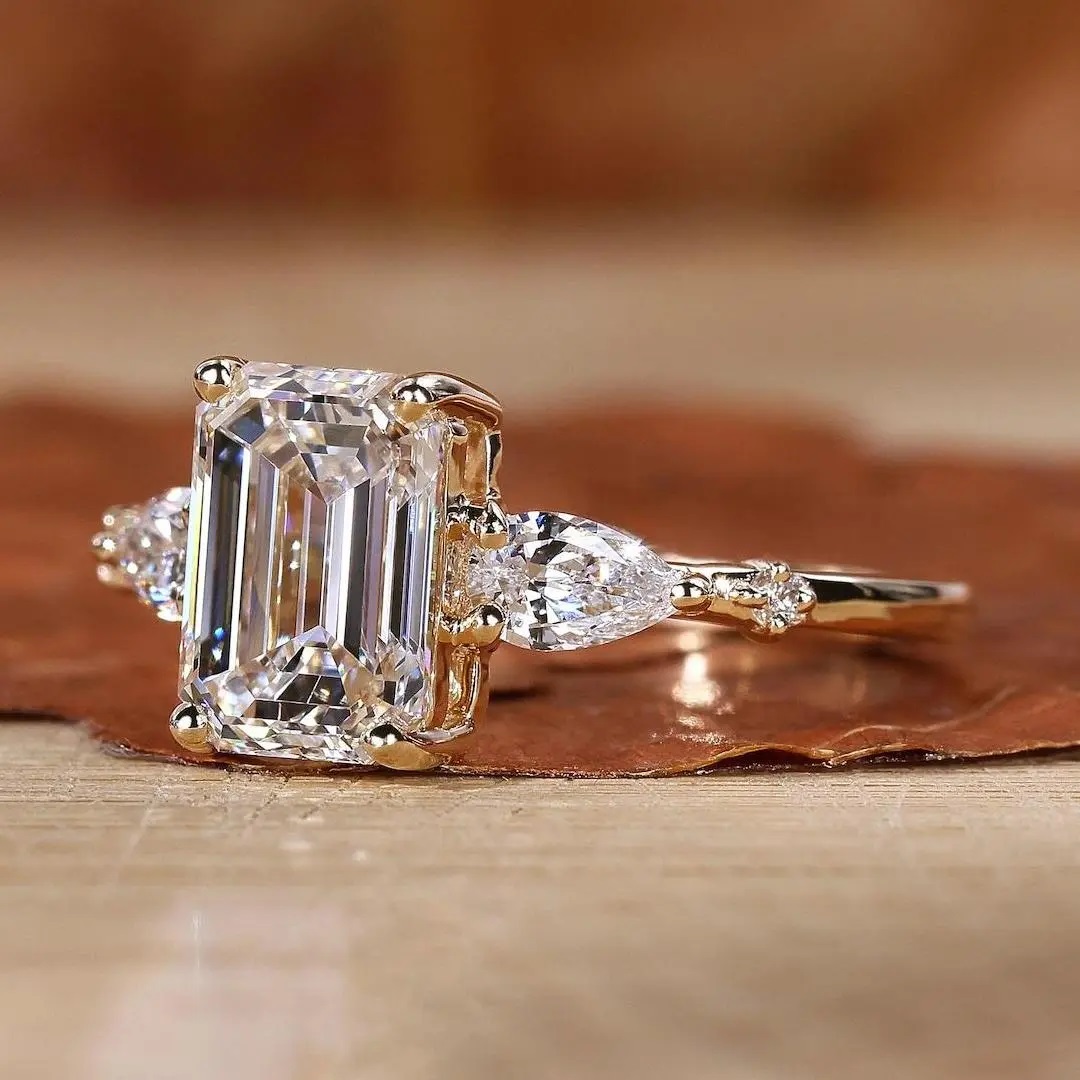 2.33CT Emerald Cut VVS Moissanite S925 Silver Engagement Ring With Pear&Round Cut Side Accents