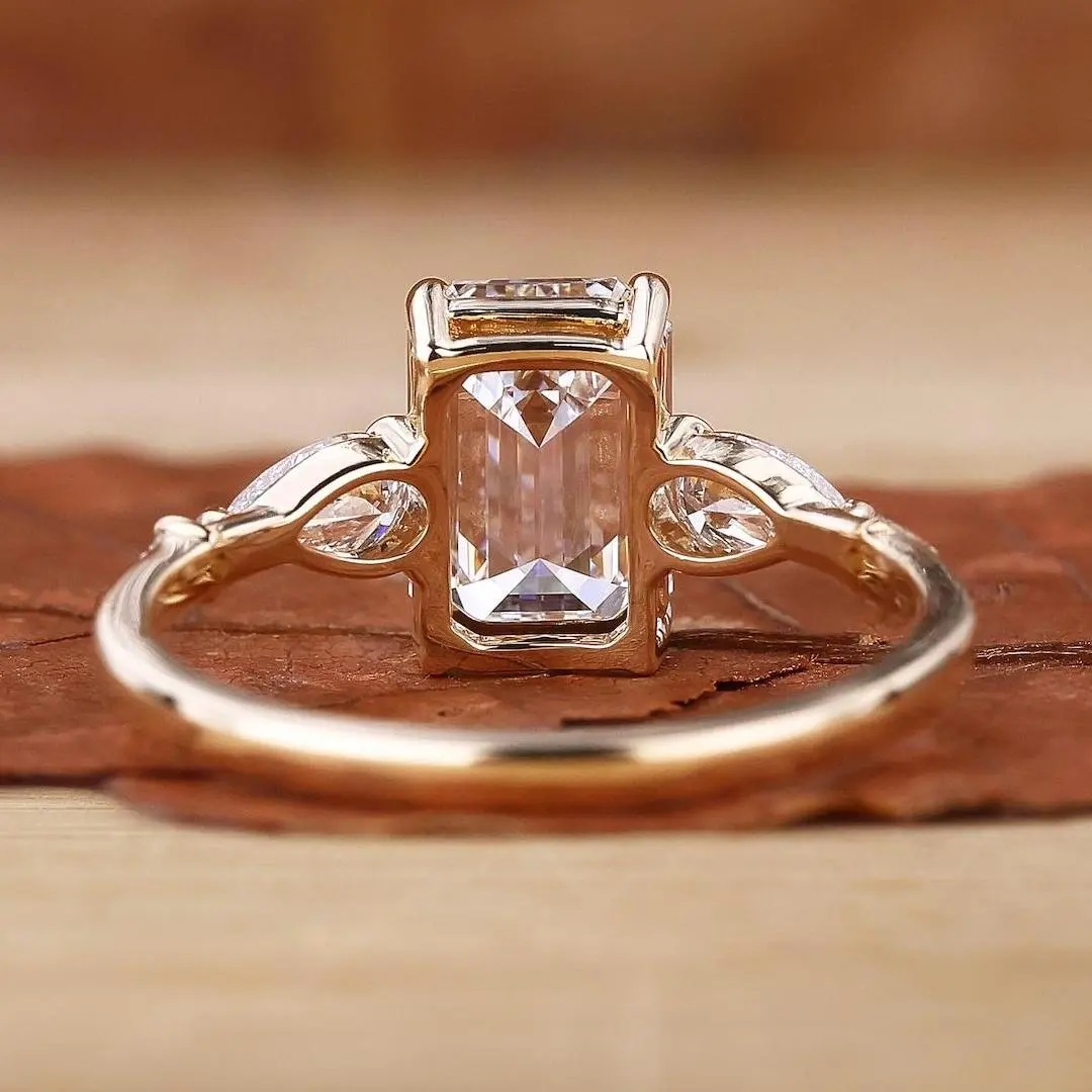 2.33CT Emerald Cut VVS Moissanite S925 Silver Engagement Ring With Pear&Round Cut Side Accents