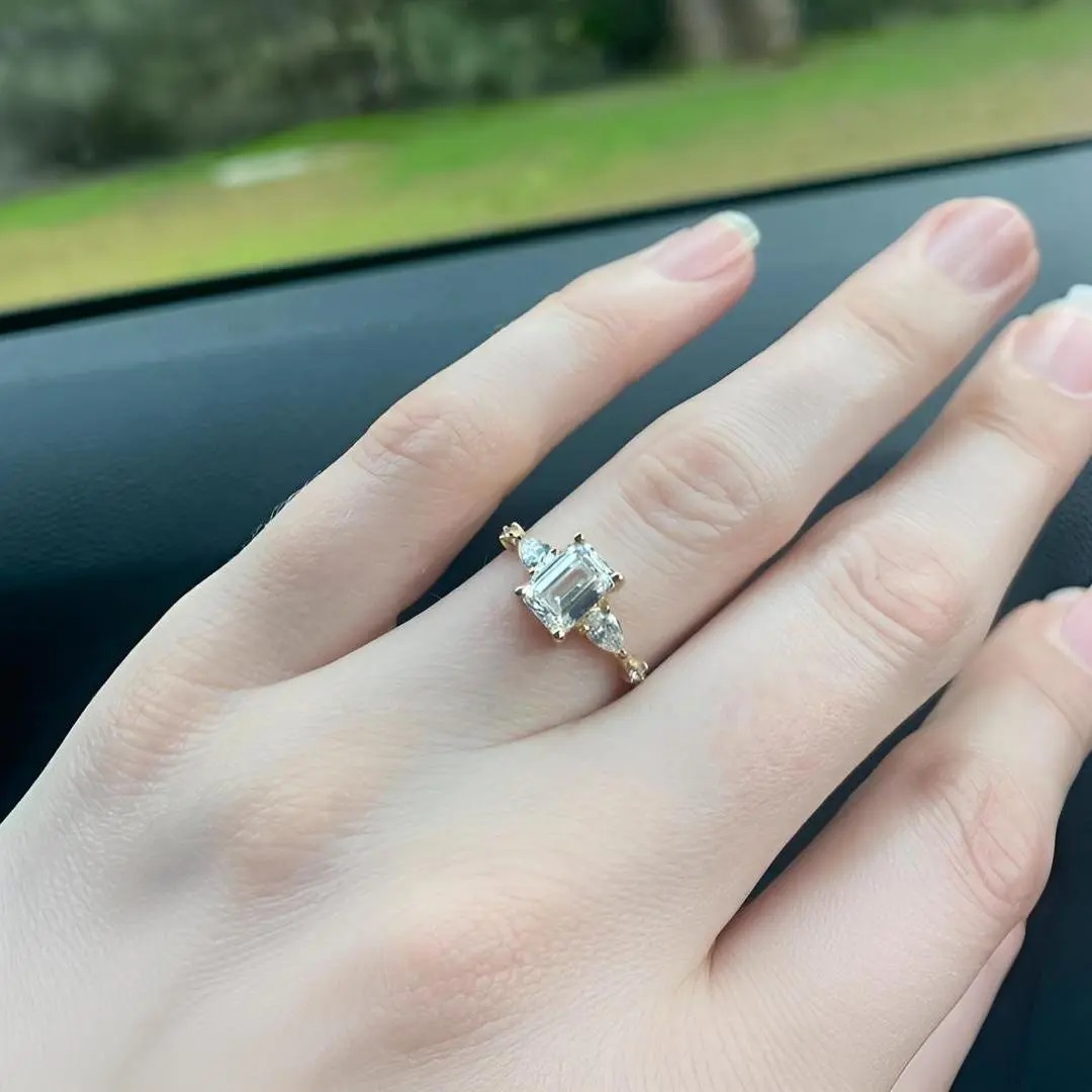 2.33CT Emerald Cut VVS Moissanite S925 Silver Engagement Ring With Pear&Round Cut Side Accents