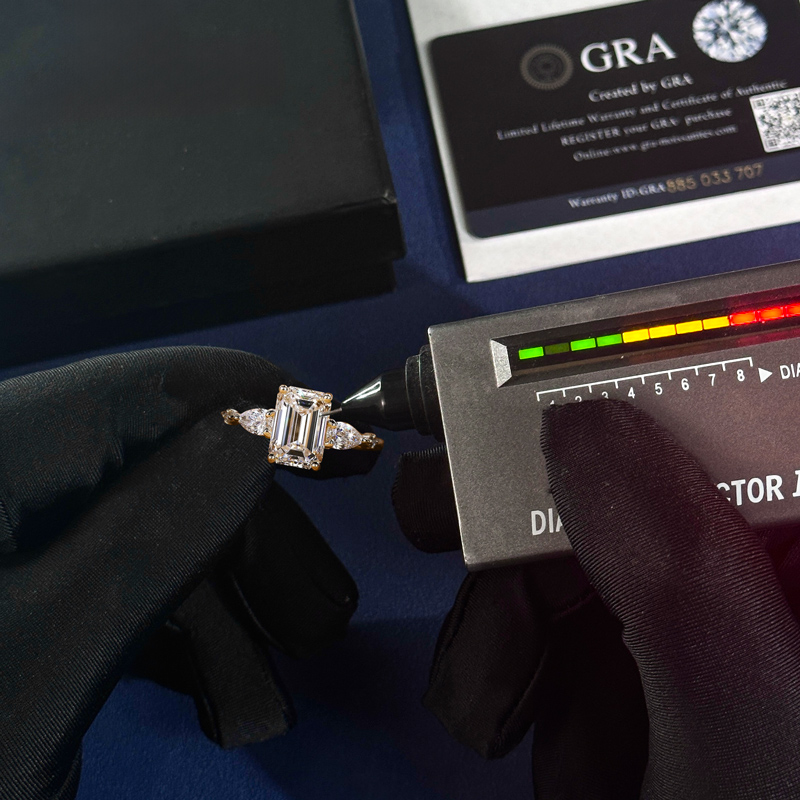 2.33CT Emerald Cut VVS Moissanite S925 Silver Engagement Ring With Pear&Round Cut Side Accents