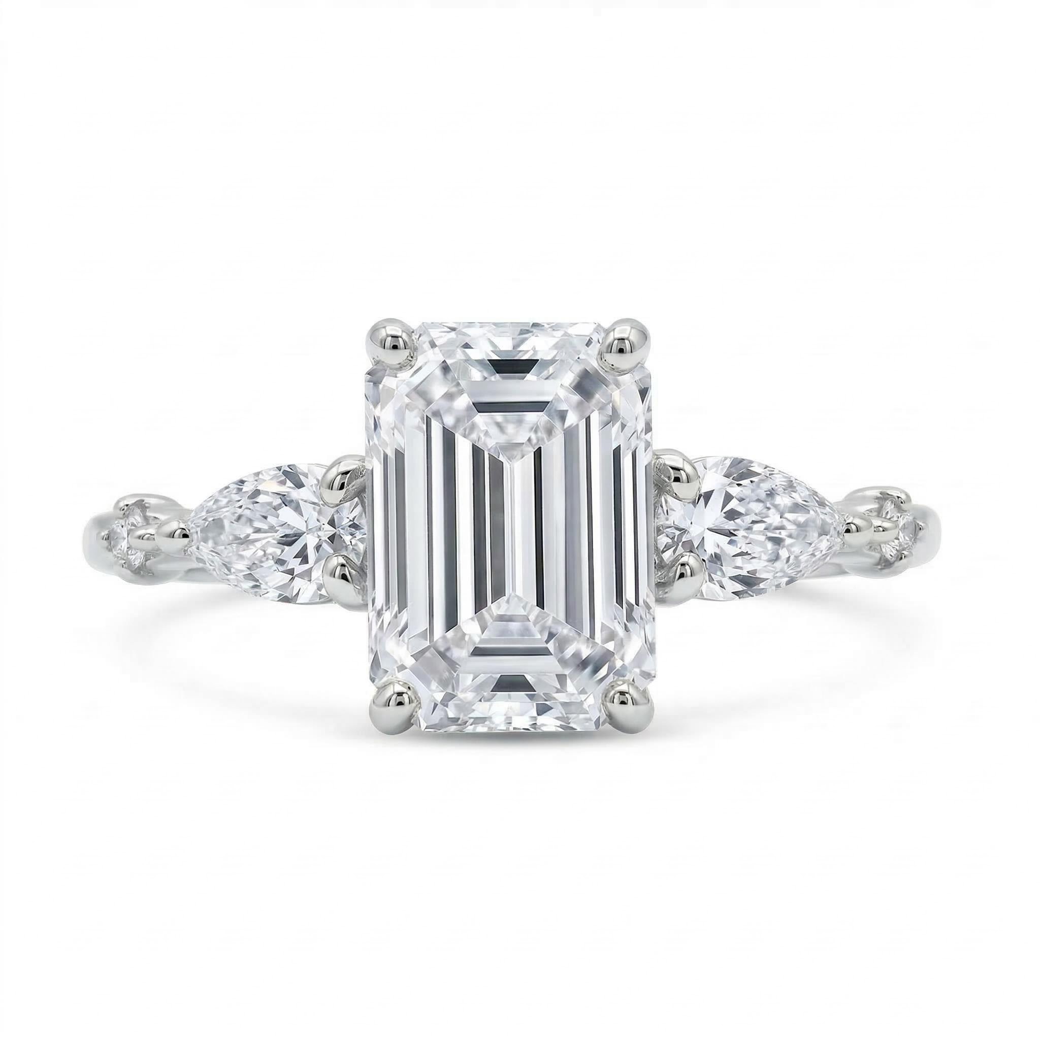 2.33CT Emerald Cut VVS Moissanite S925 Silver Engagement Ring With Pear&Round Cut Side Accents
