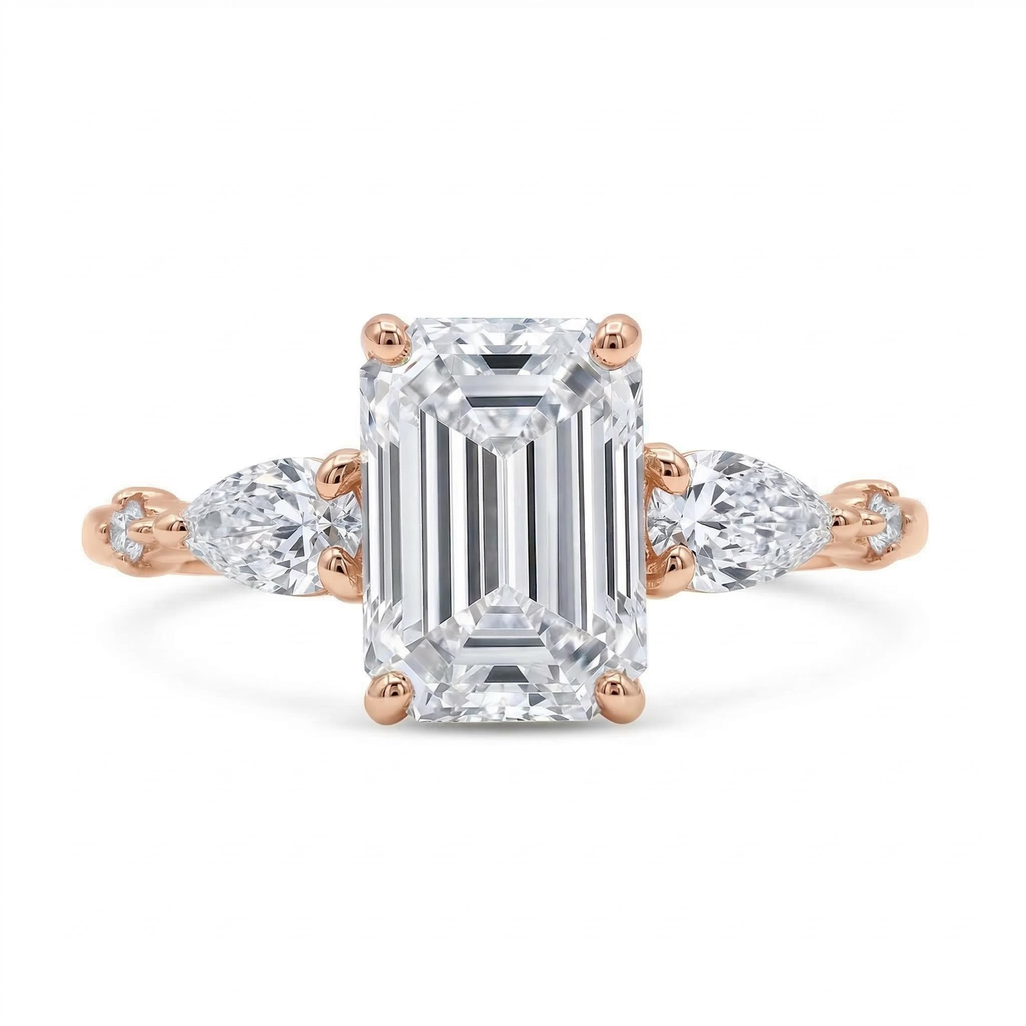 2.33CT Emerald Cut VVS Moissanite S925 Silver Engagement Ring With Pear&Round Cut Side Accents