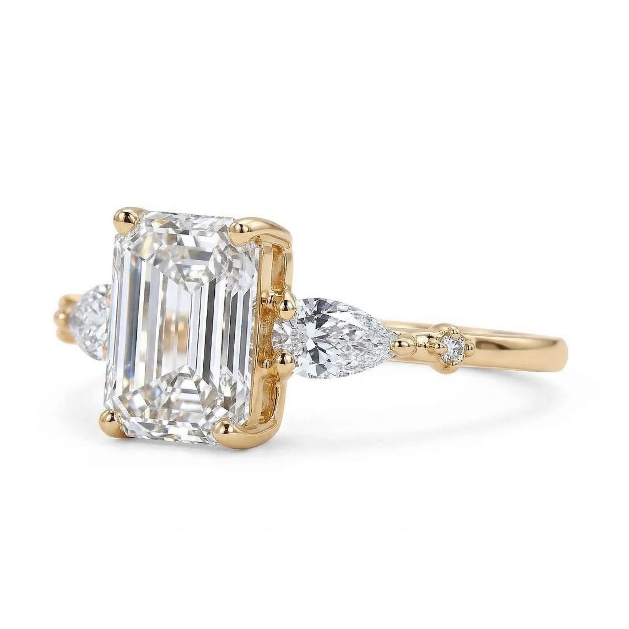 2.33CT Emerald Cut VVS Moissanite S925 Silver Engagement Ring With Pear&Round Cut Side Accents
