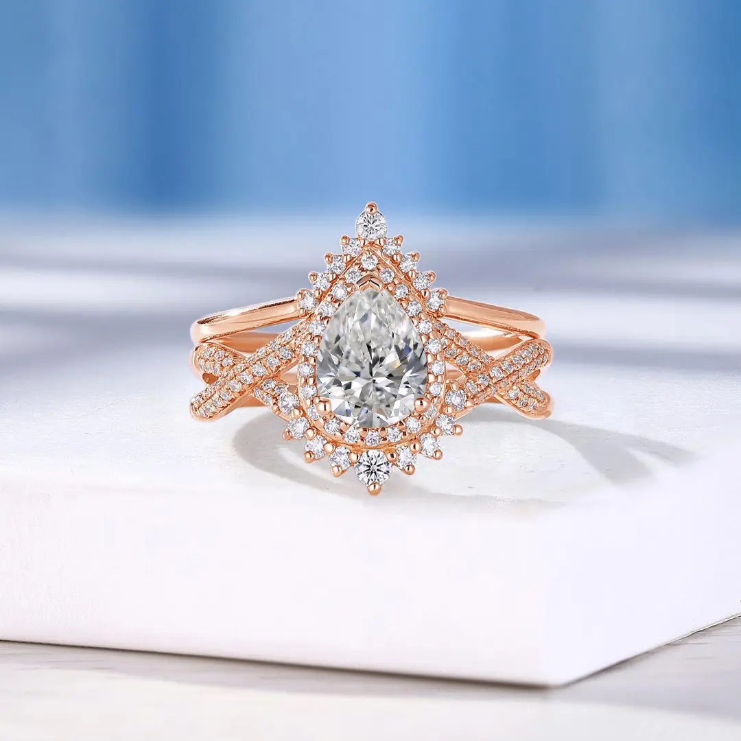 3.67CT Pear & Round Cut VVS Moissanite S925 Silver Engagement Ring Set