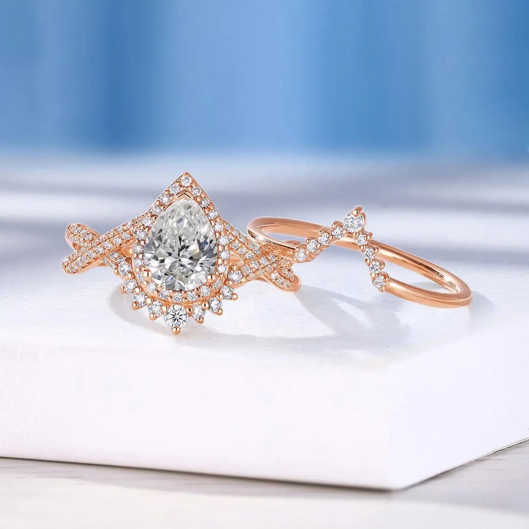 3.67CT Pear & Round Cut VVS Moissanite S925 Silver Engagement Ring Set