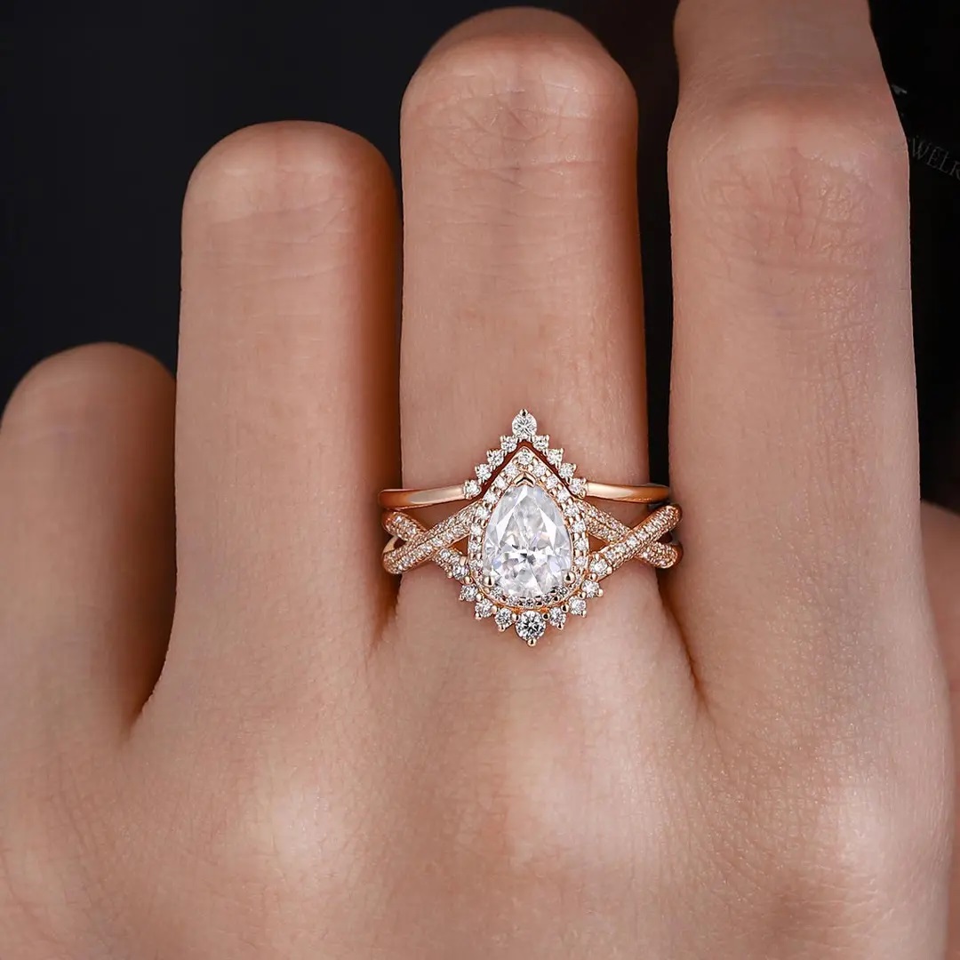 3.67CT Pear & Round Cut VVS Moissanite S925 Silver Engagement Ring Set