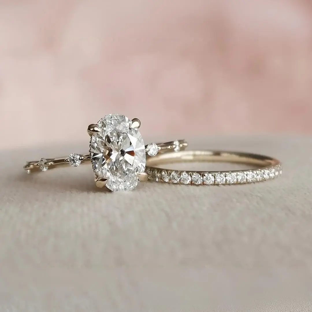 3.5CT Oval Cut VVS Moissanite S925 Silver Halo Eternity Bridal Engagement Ring Set