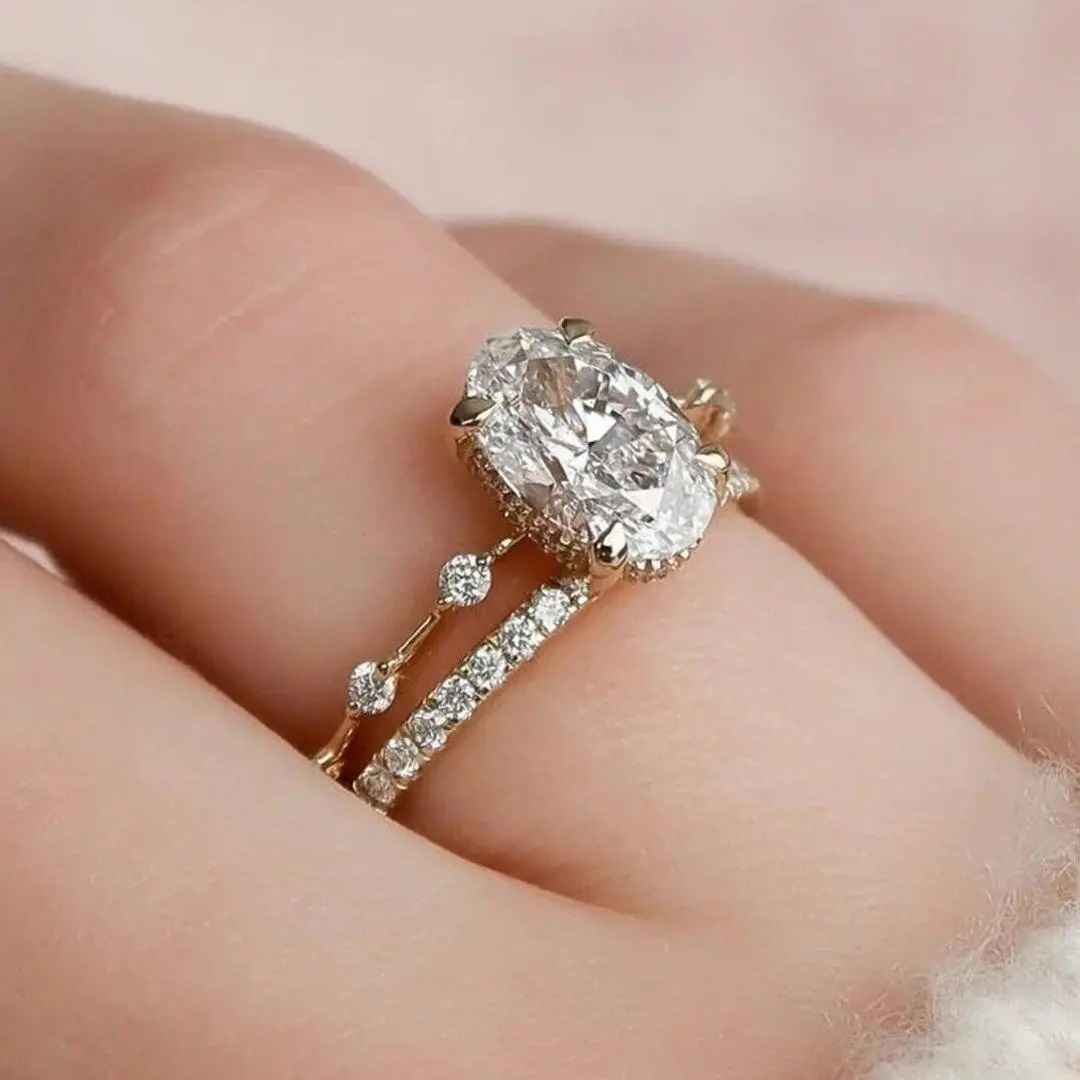 3.5CT Oval Cut VVS Moissanite S925 Silver Halo Eternity Bridal Engagement Ring Set